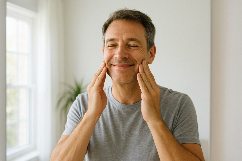 Man smiling and touching his cheeks in a bright room.